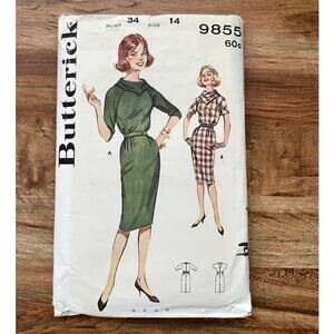 Vintage 1960s Butterick 9855 Sewing Pattern Sm Raglan Sleeve Midi Dress COMPLETE